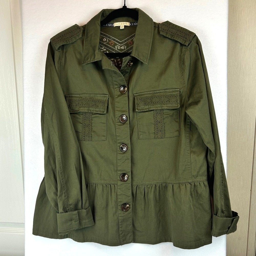 Kate‎ & Sam Olive Green Embroidered Peplum Utility Jacket Women Boho Lace Medium
